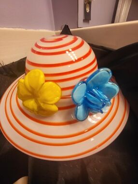 Handblow Pink  White Striped Wide-Brim Hat with Yellow and Blue Flower Accents